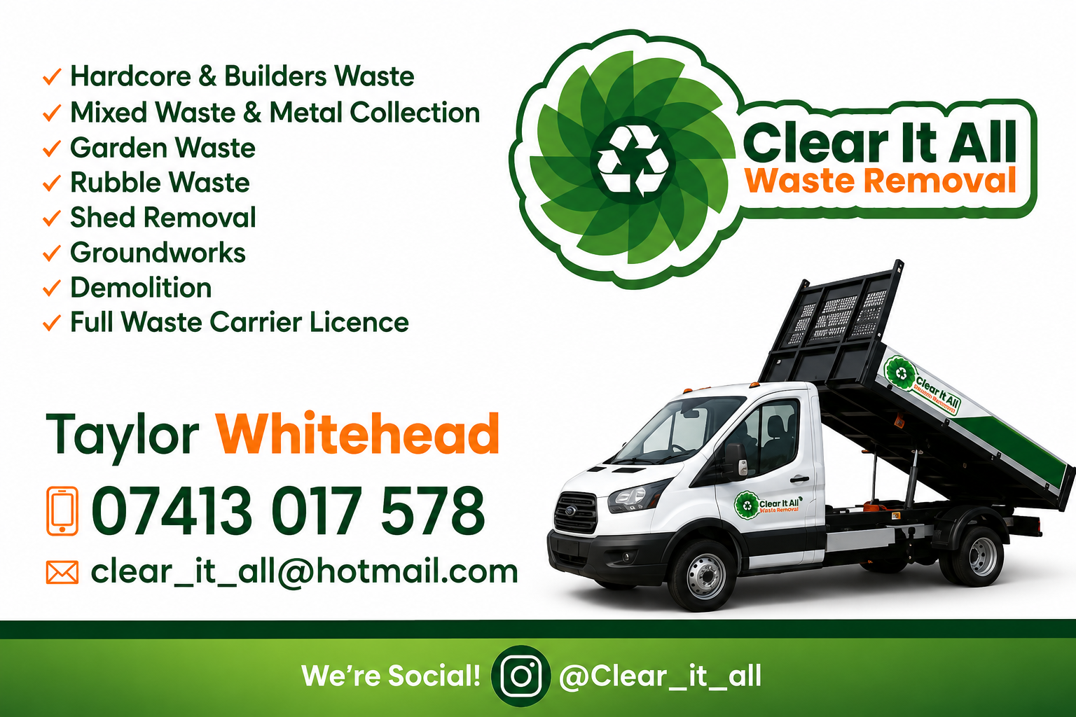 CLEAR IT ALL waste removal flyer with services and contact details